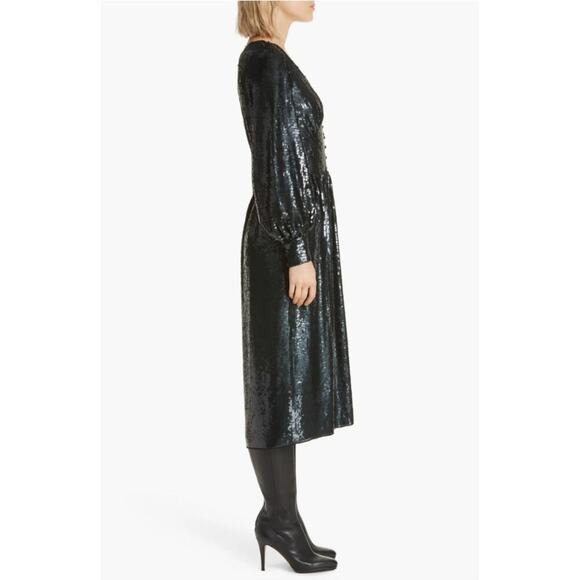 NWT Joie‎ Black Sequin Kyria Midi Dress Long Sleeves Button Front V-Neck, Size 4 - Picture 8 of 16